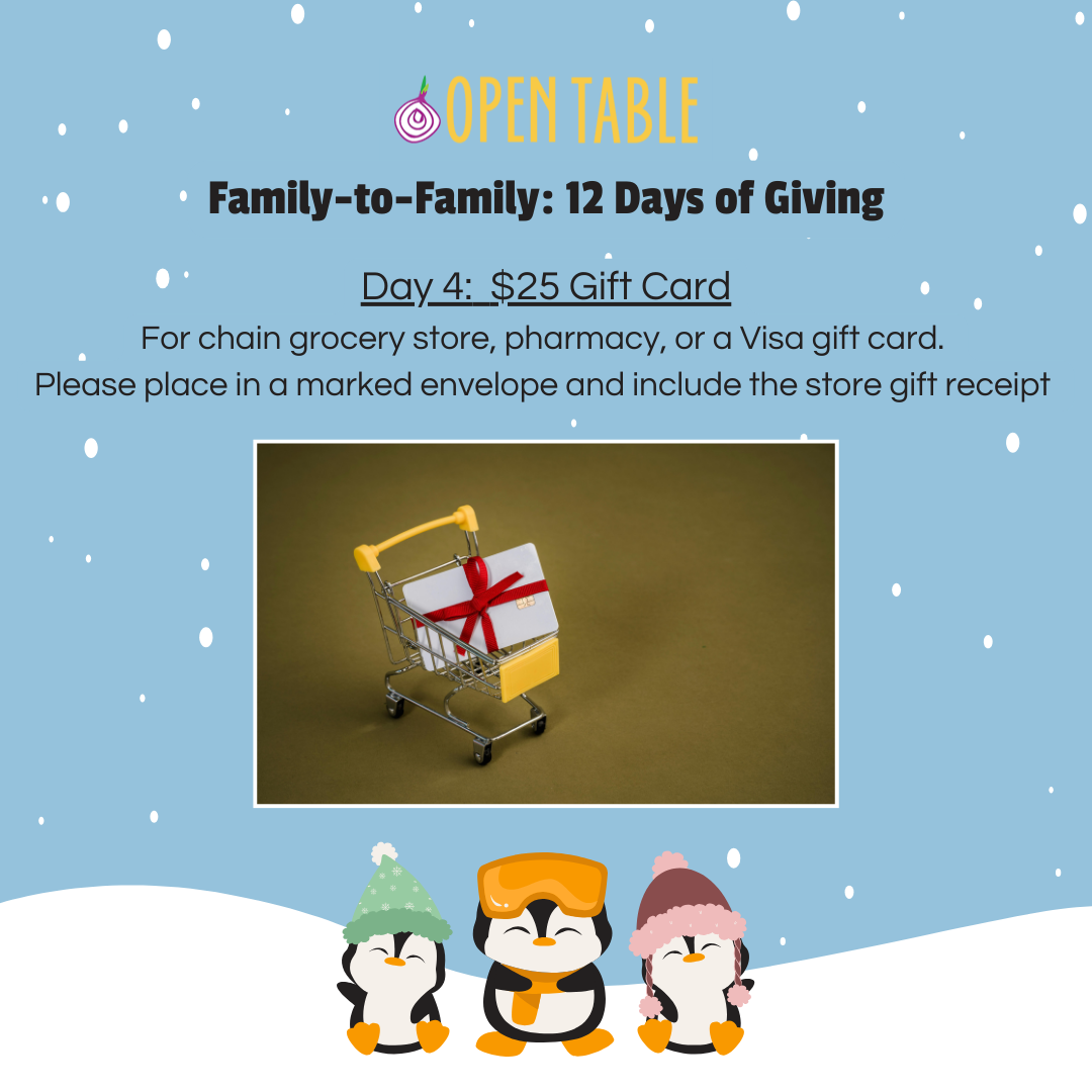 Day 4: $25 Gift Card For chain grocery store, pharmacy, or a Visa gift card. Please place in a marked envelope and include the store gift receipt