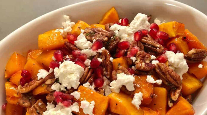 Roasted Squash With Pecan Feta Pomegranate