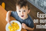 Little boy eating eggs